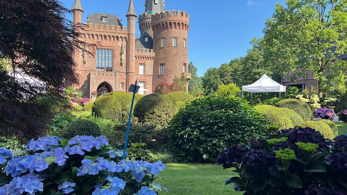 Schloss mit Hortensien im Vordergrund