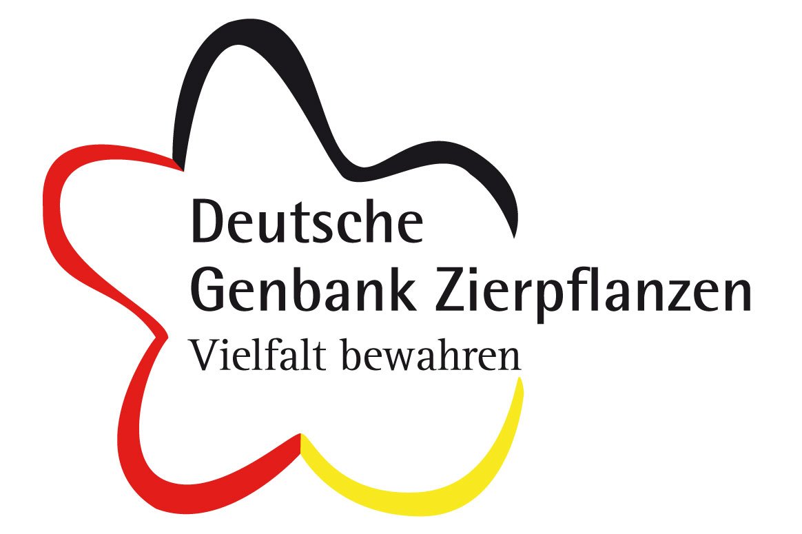 Deutsche Genbank Zierpflanzen Vielfalt bewahren mit stilisierter Bl&uuml;te in schwarz rot gold