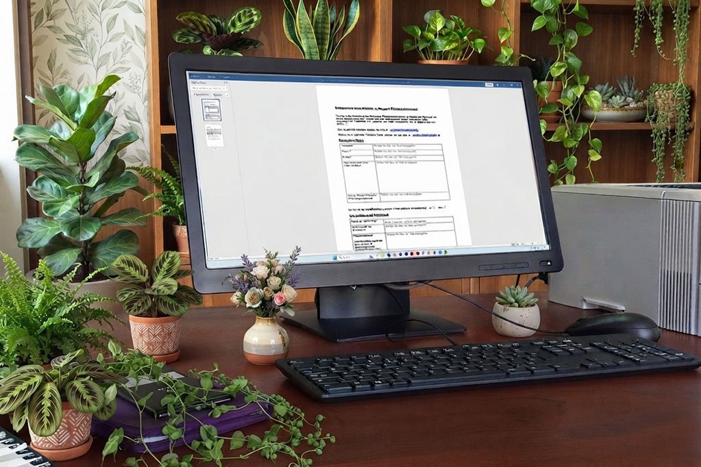 Pflanzen werden am Schreibtisch registriert Schreibtisch mit Grünpflanzen und Monitor zeigt Datenblatt